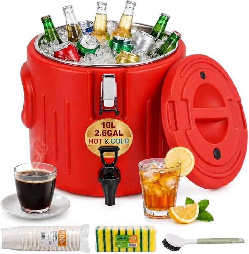 Insulated Beverage Dispenser, 2.6 Gallon, Stainless Steel Interior | Hot and cold drink service, stainless steel interior, spigot, wide opening, cups, scrub pads, brush