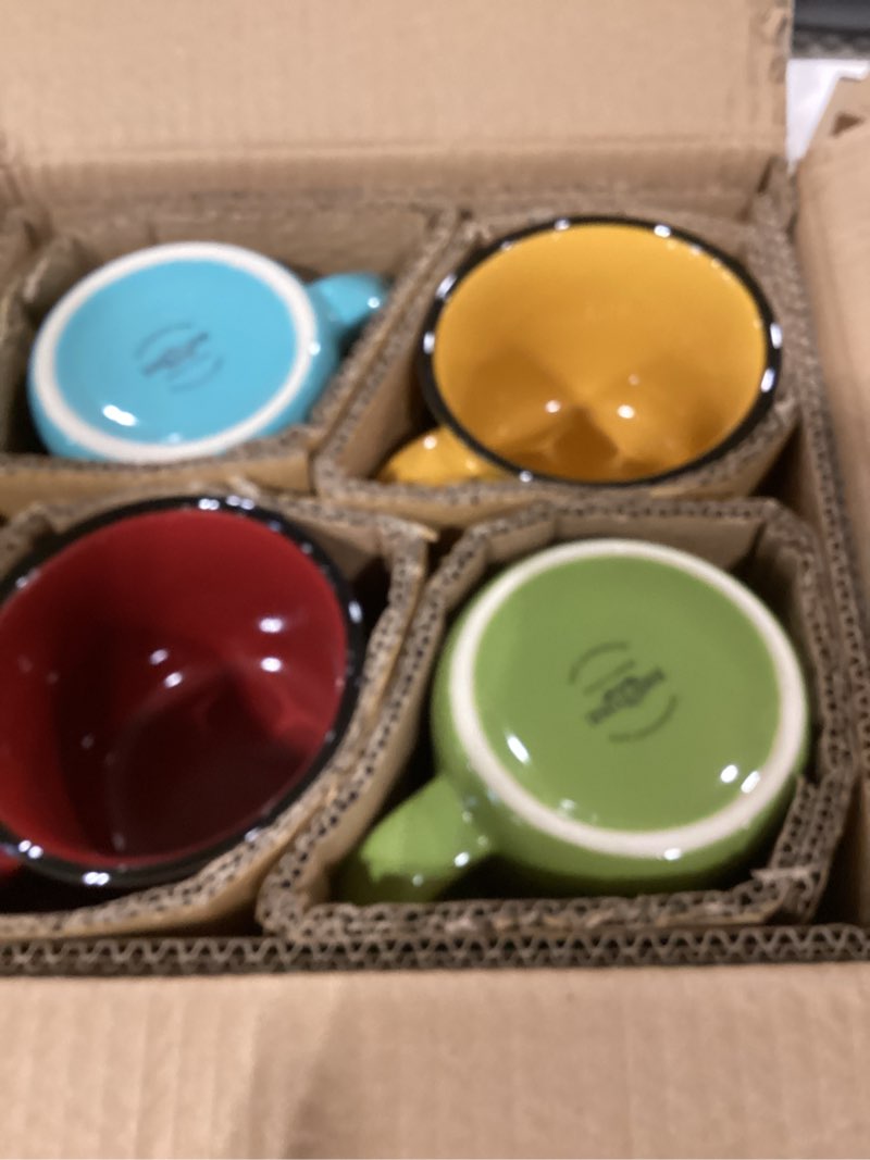 Condition photo showing Good Condition for bestone set of 4 large ceramic mugs with handles, 16 oz, vibrant colors, microwave & dishwasher safe, perfect for coffee, cereal, latte, salad, noodles multicolor 16-oz
