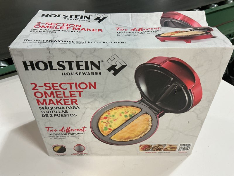 Condition photo showing New/Like New for Holstein Housewares Stainless Steel 2 Section Omelet & Frittata Maker, Non Stick Coating, Easy To Clean, Indicator Lights, Compact Storage, Versatile Recipes in Minutes. 2 Portions, Metallic Red 2 Section Metallic Red