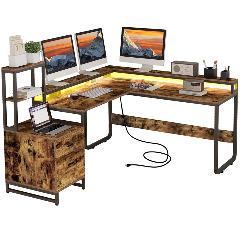 dwvo l shaped desk with drawers, reversible computer desk with power outlets, corner office desk with storage shelves & led lights & printer stand, rustic brown