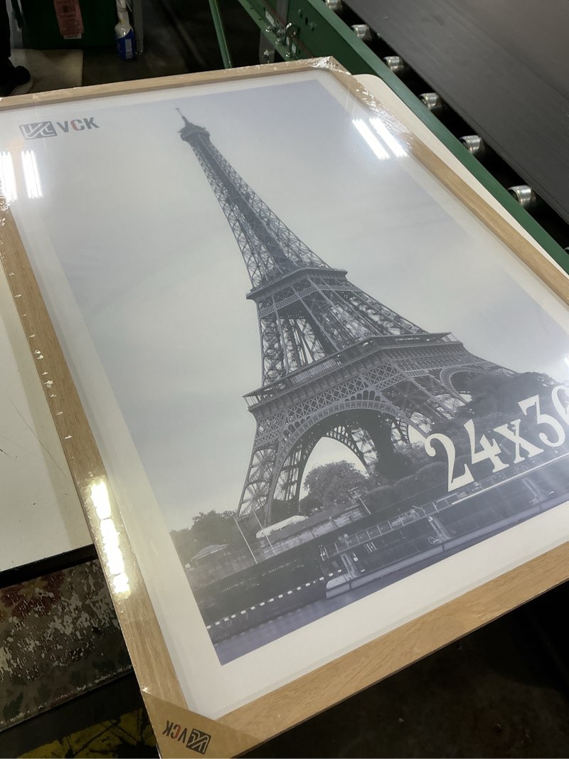 Condition photo showing As Is for (24x36)(3pcs)vck  poster frame, oak wood picture frames for wall display | gallery-quality, wide thick border, shatterproof plexiglass, vertical/horizontal hanging, for music poster, print, portraits