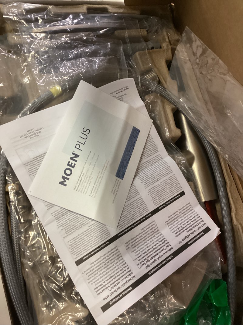 Condition photo showing As Is for Moen Essie Spot Resist Stainless One-Handle High Arc Pulldown Kitchen Faucet, 87814SRS