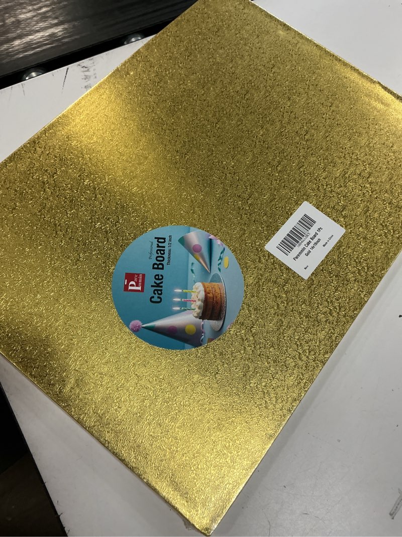 Condition photo showing New/Like New for 14x19 inches half sheet cake boards 1/2inch thick - sturdy cake drums with smooth straight edges, waterproof & oil-proof (gold, 14x19(half sheet)) 19" x 14" x 0.5" gold