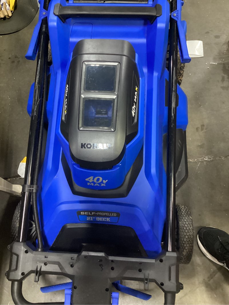 Condition photo showing As Is for kolbalt brushless 21” deck 40v battery powered lawnmower