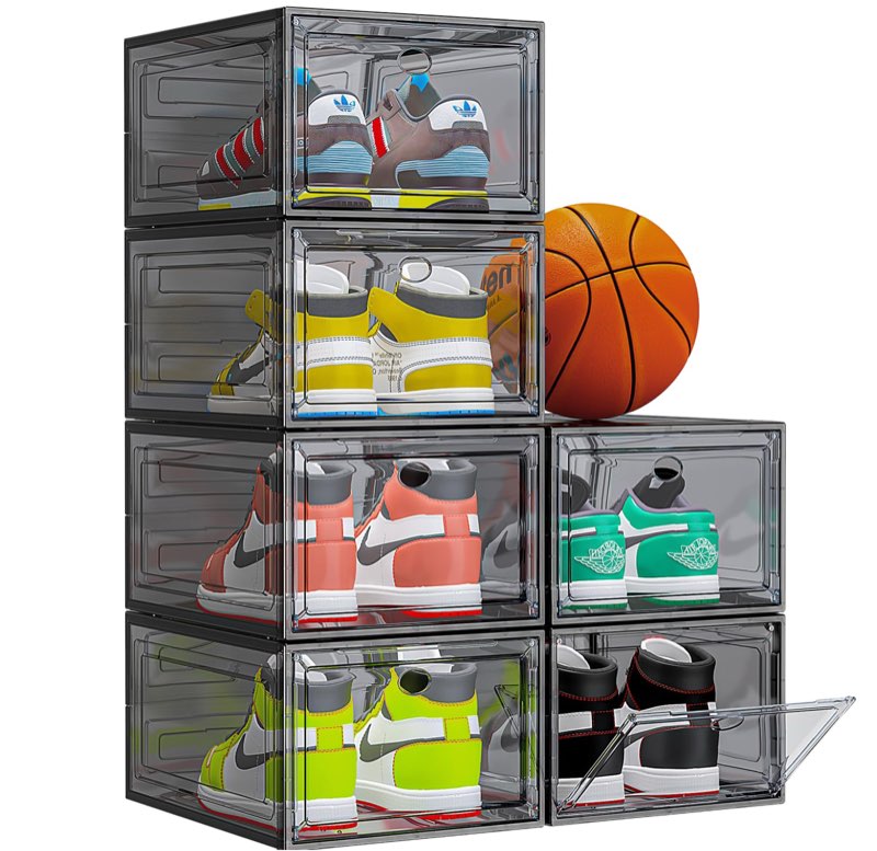 Thicken & Sturdy Clear Shoe Storage Box with Magnetic Door, Stackable Shoe Storage Organizer for Closet, Foldable Shoe Rack for Sneakers, High Heels, Boots, Shoe Display Case, 6 Pack Black