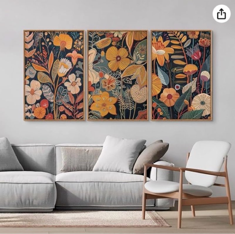 SIGNINART Orange Floral Framed Canvas Wall Art Set of 3, Mid Century Modern Flower Wall Decor, Neutral Plant Artwork, Boho Botanical Art Prints for Bedroom Living Room Office 16"x24"x3