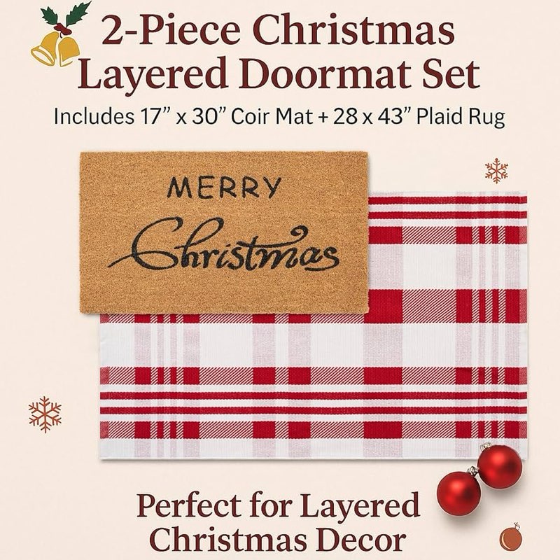 Christmas Door Mat Combo Set - 100% Coco Coir Welcome Mat + 3' x 5' Red Green White Plaid Rug, Chris (plaid rug color may vary)
