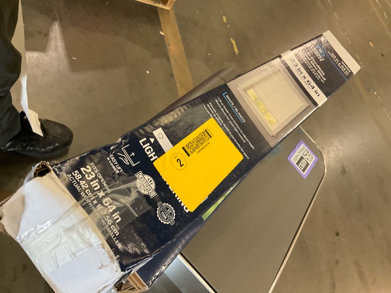 Condition photo showing As Is for project source 1-in slat width 23-in x 64-in cordless white vinyl light filtering mini-blinds