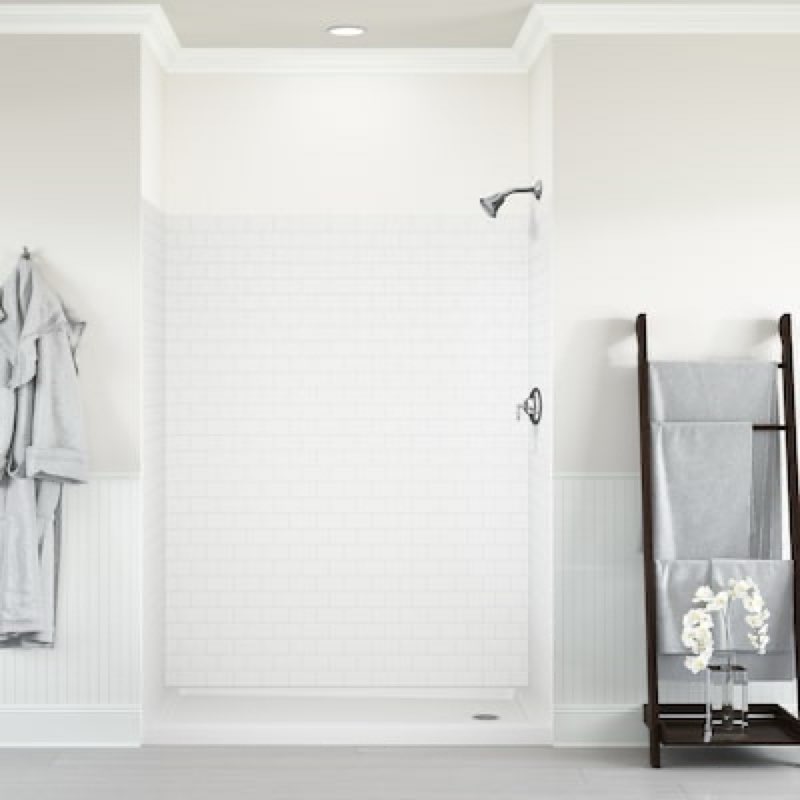 allen + roth platform 60-in w x 32-in d x 78-in h white subway 9 -piece glue up alcove shower wall surround
