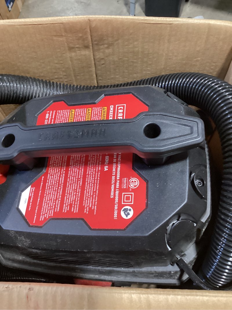 Condition photo showing As Is for craftsman 3-gallon 3 hp corded wet/dry shop vacuum missing  accessories