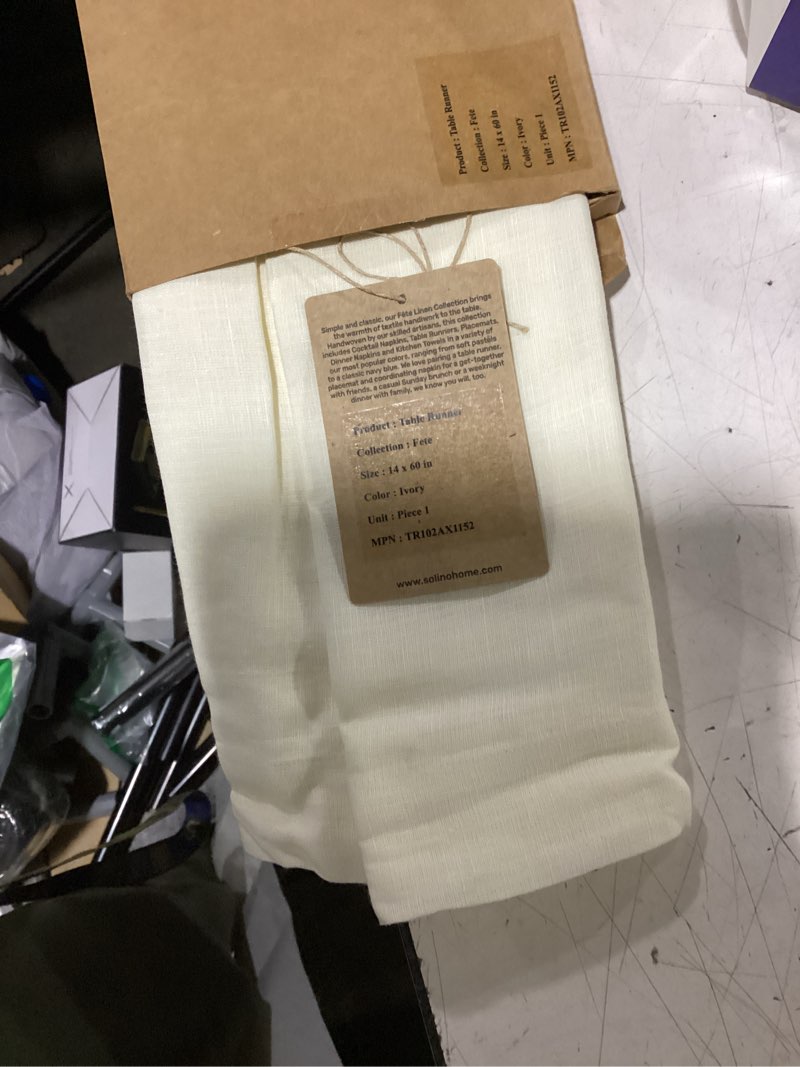 Condition photo showing As Is for solino home linen ivory table runner 60 inches - 100% pure linen small table runner 14 x 60 inch ideal for dresser and coffee tables - summer - fete 02: ivory 14 x 60 inch
