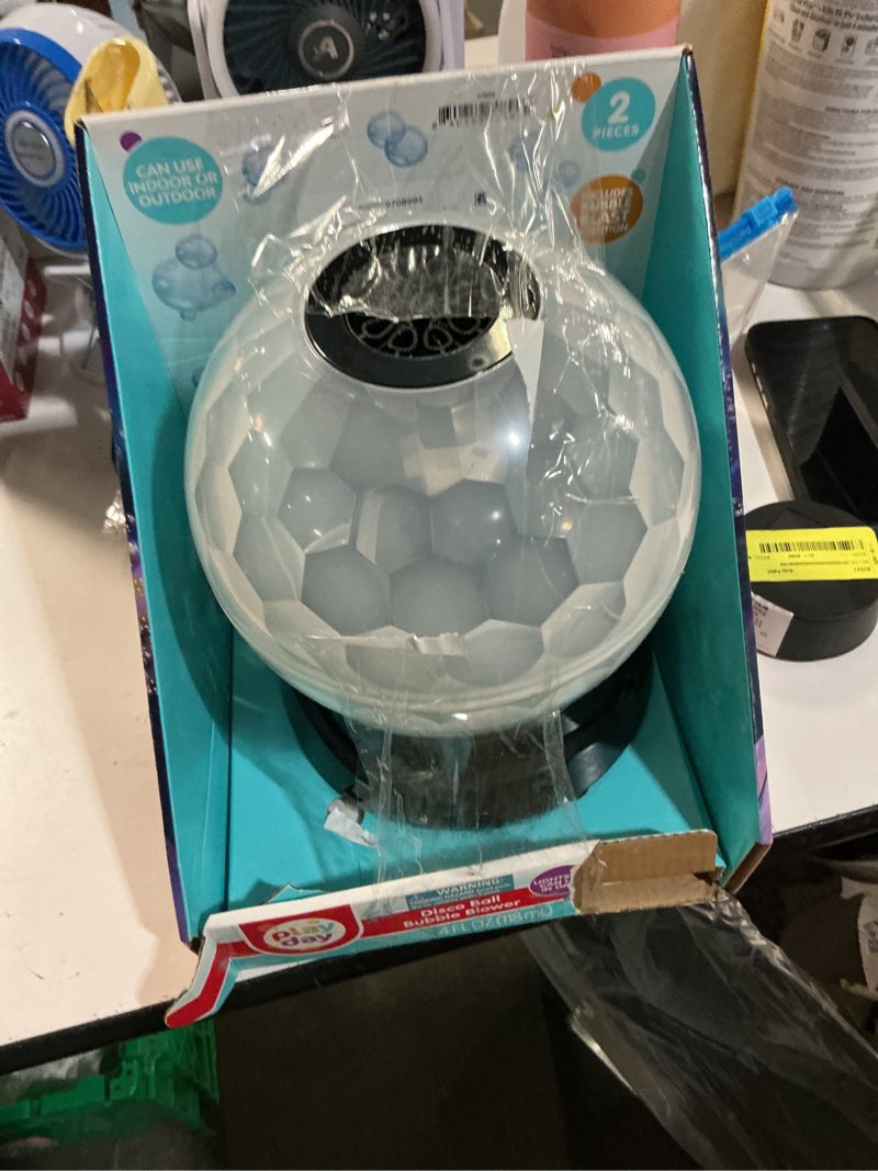 Condition photo showing Good Condition for play day light up disco ball bubble blower with 4 fl oz solution, 9-inch automatic bubble machine for kids parties, birthdays & outdoor play