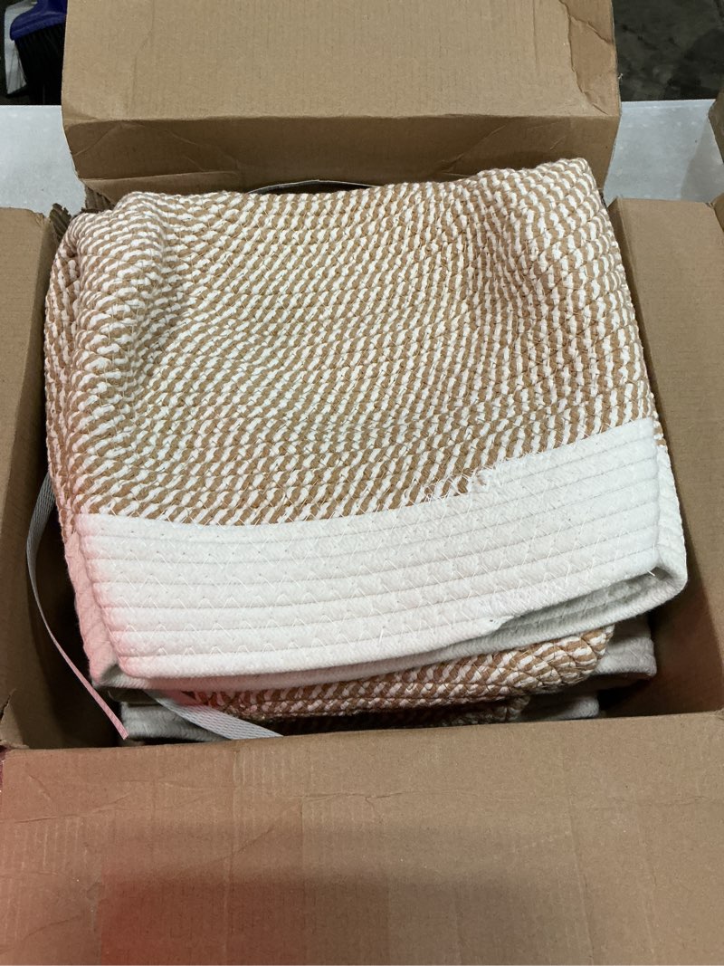 Condition photo showing Good Condition for 5 pack woven storage baskets for shelves, decorative basket organizer storage bins for toys, books, clothes, closet, nursery, bathroom – cotton rope shelf baskets for organizing, khaki & white