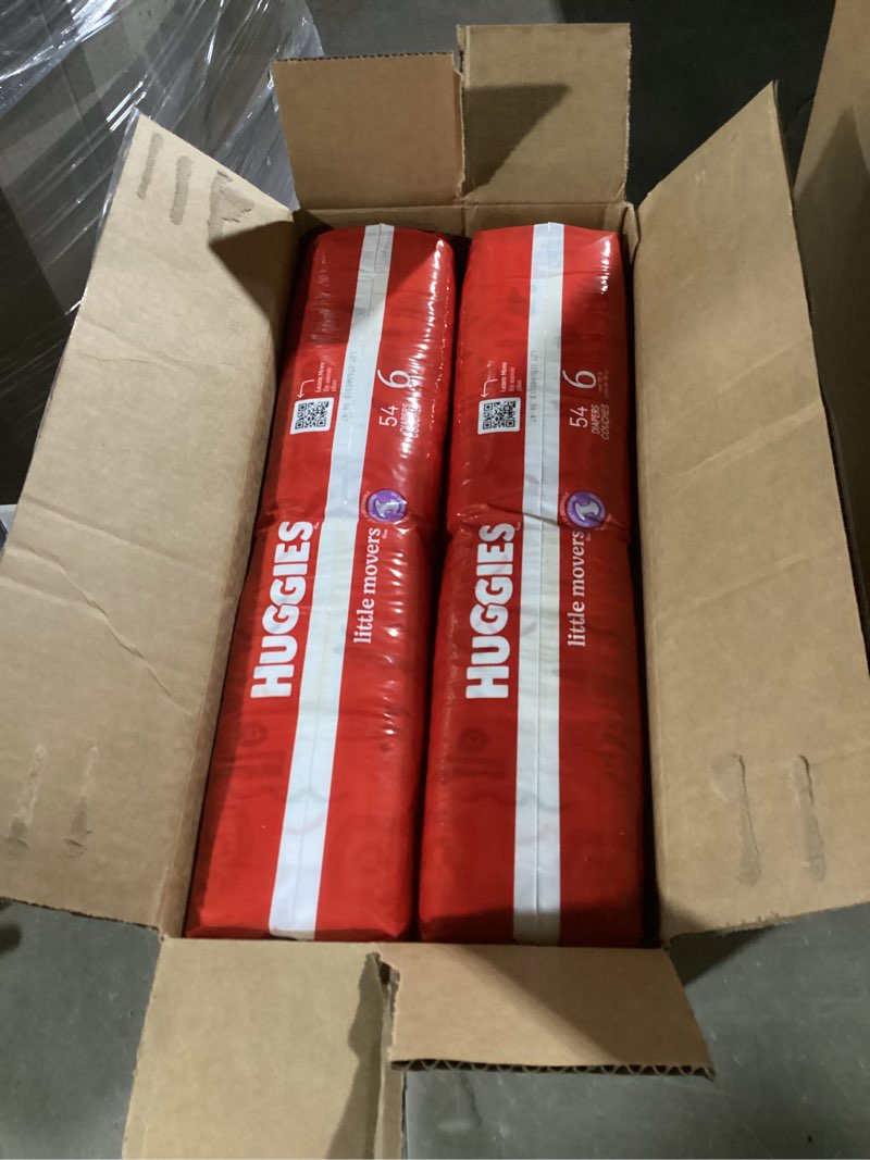 Condition photo showing New/Like New for huggies size 6 diapers, little movers baby diapers, size 6 (35+ lbs), 108 count (2 packs of 54), packaging may vary