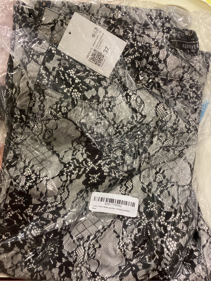 Condition photo showing New/Like New for Forever 21 Men's Metallic Lace Slim-fit Pants 32 Black/Multi