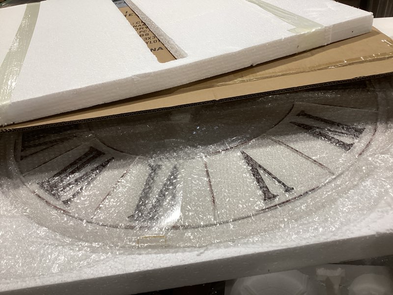 Condition photo showing Good Condition for Oversized Farmhouse Wall Clock - 30 inch, Extra Large Decorative Wall Clock for Living Room Decor | Metal Face | Roman Numeral | Battery Operated Ivory White 30 in