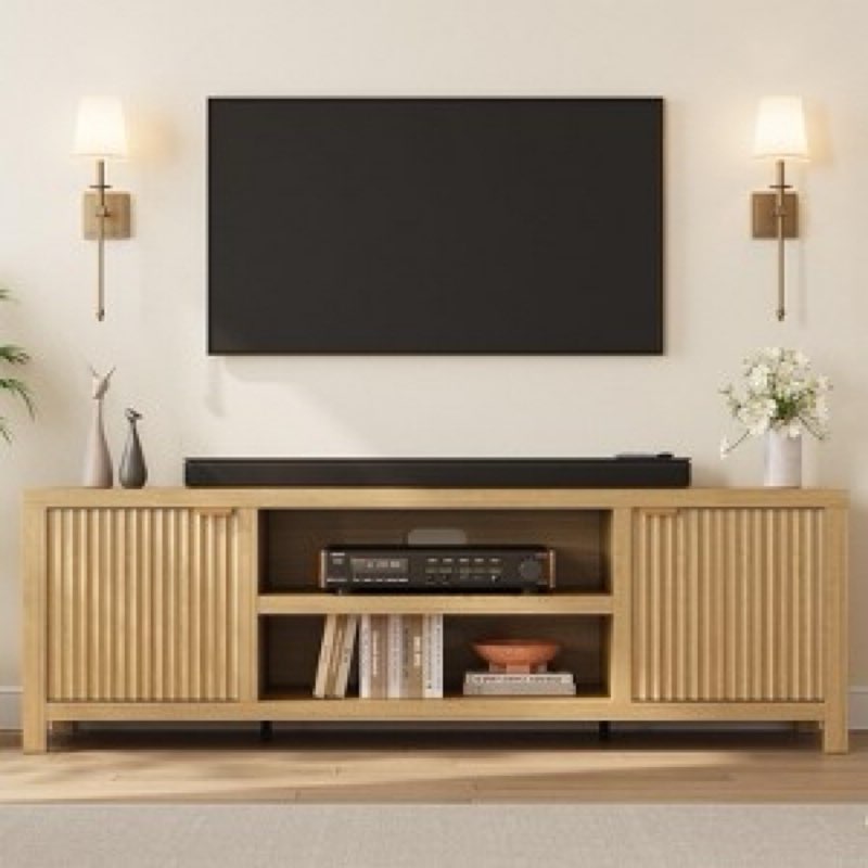 Fluted TV Stand for 80 Inch, Modern Entertainment Center with Storage, Wooden Media Console Cabinet with Fluted Door and Gold Handle for Living Room Bedroom