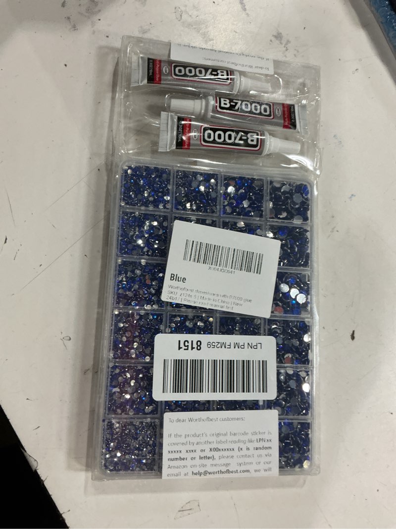 Condition photo showing New/Like New for 31000Pcs Blue Rhinestones for Bedazzling, Bedazzler Kit with Flatback Rhinestones for Clothes Crafting Crafts Nails, 2,3,4,5,6mm Flat Back Resin Crystal Bedazzling Kit with B 7000 Glue Clear Large Pack + 3pcs Glue Blue 2-6mm