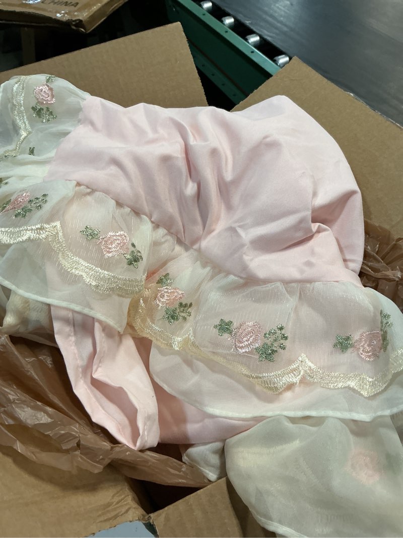 Condition photo showing As Is for french chic bedding set 4-piece - romantic lace trim washed cotton, duvet cover with bed skirt & pillowcases for queen bed, princess style(comforter not included) (pink,full) pink full