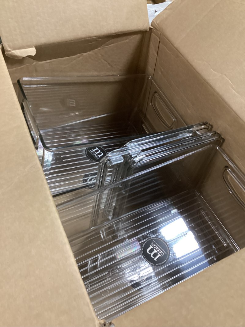 Condition photo showing New/Like New for mDesign Plastic Deep Storage Bin Box Container with Lid and Built-In Handles - Organization for Fruit, Snacks, or Food in Kitchen Pantry, Cabinet, or Cupboard, Ligne Collection, 4 Pack, Clear 10.6 x 6.2 x 5.2 (Pack of 4)