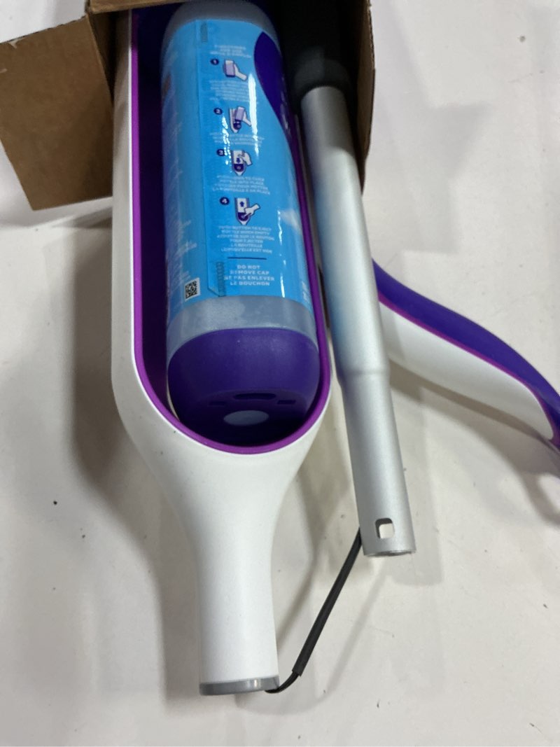 Condition photo showing New/Like New for swiffer powermop multi-surface mop kit for floor cleaning, includes powermop, 2 mopping pad refills, 1 cleaning solution with fresh scent and 2 batteries purple and white