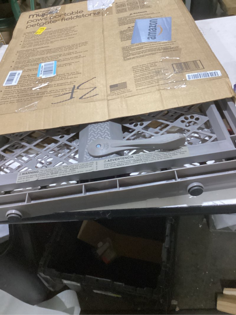 Condition photo showing As Is for mypet north states paws portable pet gate: 26-40" wide. pressure mount. no tools needed. made in usa, 23" tall, expandable, durable dog gates for doorways, fieldstone gray