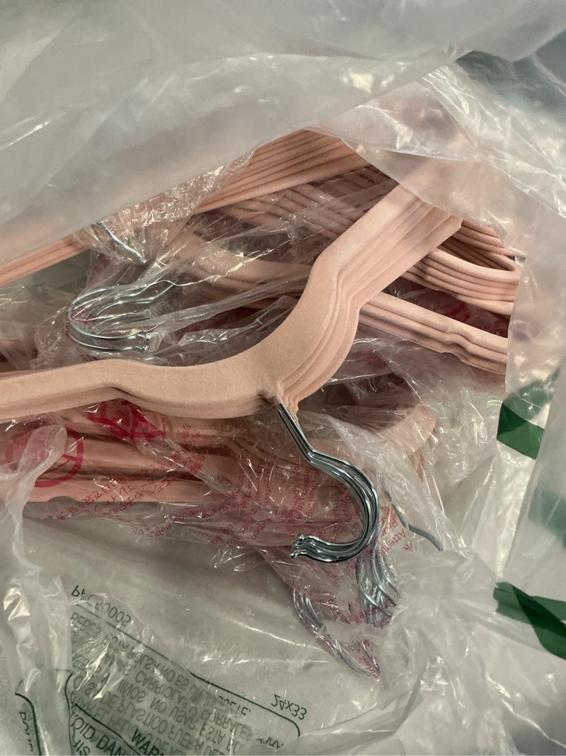 Condition photo showing Good Condition for house day lt pink velvet hangers 60 pack, non slip clothes felt hanger heavy duty for coat, premium slim space saving suit hangers for closet organizer, 360° rotating silver hook 60 pack light pink