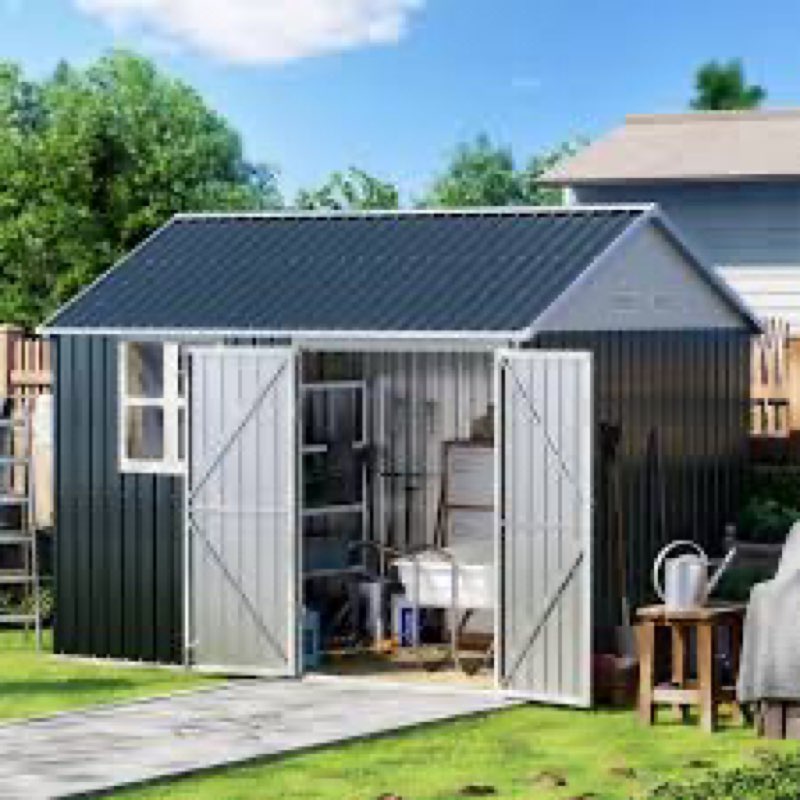 (Incomplete)10x 8 FT Outdoor Steel Storage Shed With Lockable Doors And Window, Perfect For Garden, Backyard, And Patio Storage