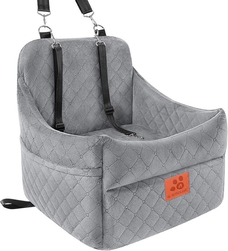 gl glenslave dog car seat for small/medium dogs, dog booster car seats with thick cushion for dogs under 35lbs, detachable washable pet carseat with storage pockets, 2 safety belts(black/grey