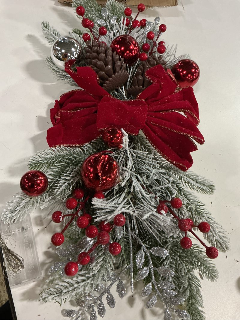Condition photo showing As Is for Artificial Christmas Swag Cordless Prelit Teardrop Swags Christmas Wreath with Lights Rustic Stair Garland with Christmas Ball 30Light Christmas Swags Staircase Mailbox Front Door Wall Decorations (A)