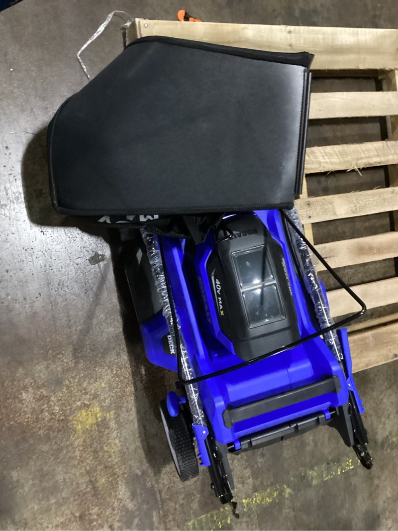 Condition photo showing As Is for kobalt 40-volt 21-in self-propelled battery mower (6 ah battery charger included