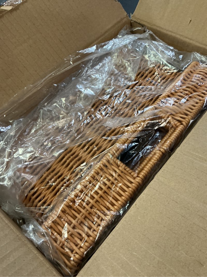 Condition photo showing Good Condition for Large Woven Storage Basket with Lid - Handcrafted Wicker Basket for Shelves, Pantry, Office, Nursery Small Medium Large (3-Piece Set) Light Brown(Waterproof Synthetic Rattan) [With Lids] 3-Piece: Small & Medium & Large