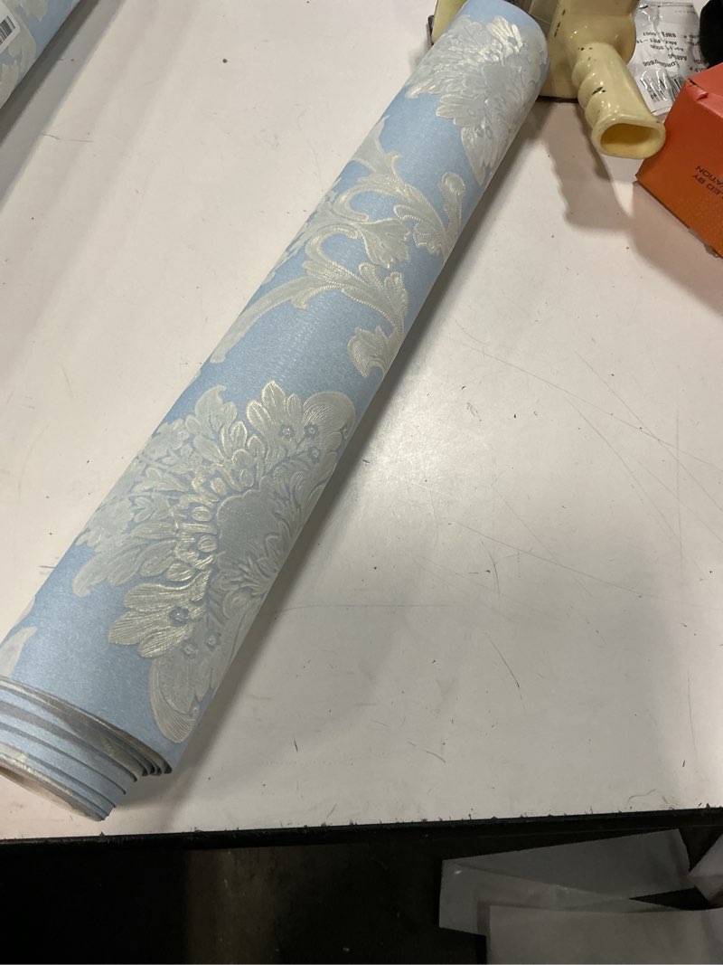 Condition photo showing As Is for victorian damask embossed wallpaper peel and stick wall paper mural for bedroom bathroom living room home decoration (light blue?53cmx5m) 20.8" x 197" light blue