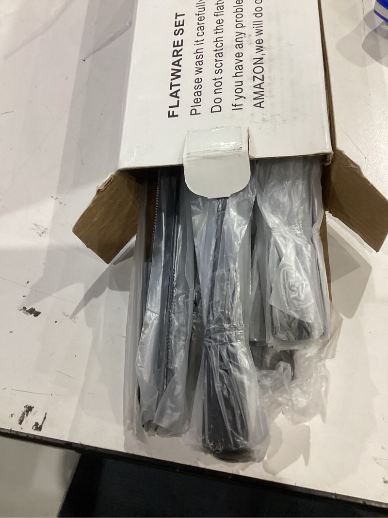 Condition photo showing As Is for 40 pcs black silverware set, stainless steel flatware set for 8, food-grade cutlery set, mirror polished tableware eating utensils set for home kitchen, include knife fork spoon set, dishwasher safe black square handle 40 pieces