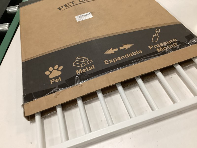 Condition photo showing Good Condition for Malier Indoor Dog Gate with Door, 26-41" Extra Wide Full Metal Pet Gate Short Dog Gate for Stairs, Pressure Mount 20'' Tall Small Puppy Gate, Easy Step Over Low Gate for Doorways White 20''H × 26''- 41''W