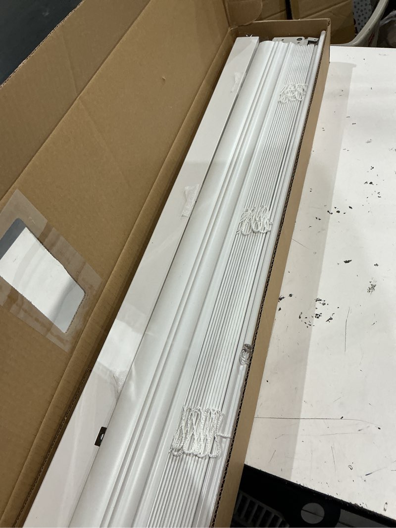 Condition photo showing As Is for allen + roth trim at home 2-in slat width 32-in x 64-in cordless white faux wood room darkening horizontal blinds