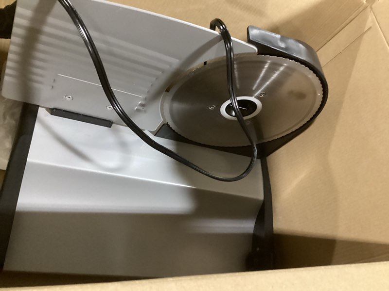 Condition photo showing As Is for (incomplete) nutrichef electric meat slicer | 200w automatic meat, deli & bread slicer | adjustable dial for 0-15mm cutting range thickness | removable 7.5 in stainless steel blade & food pusher for safety (black)