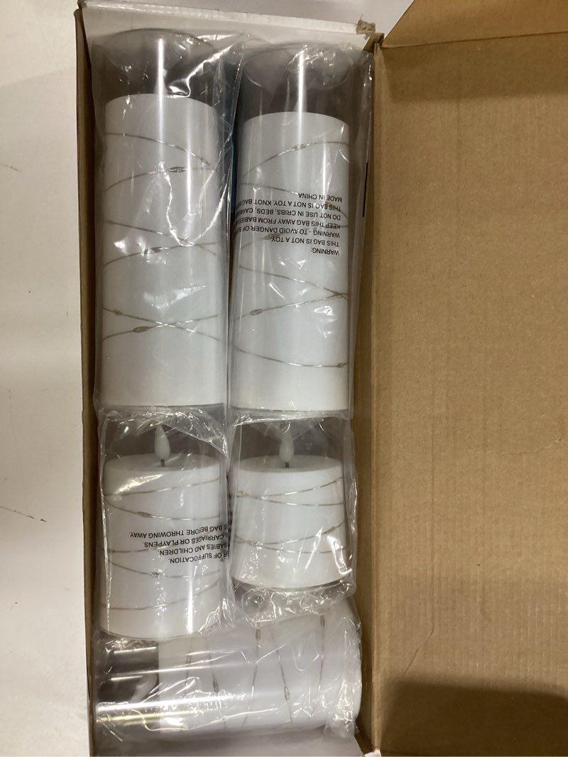 Condition photo showing New/Like New for Homemory Pure White Flameless Candles with Embedded Star String Fairy Lights, Battery Operated Candle, LED Candles, Fake Candles with Remote Control and Timer, Set of 5(H4 5" 6" 8" 8") White-5pcs