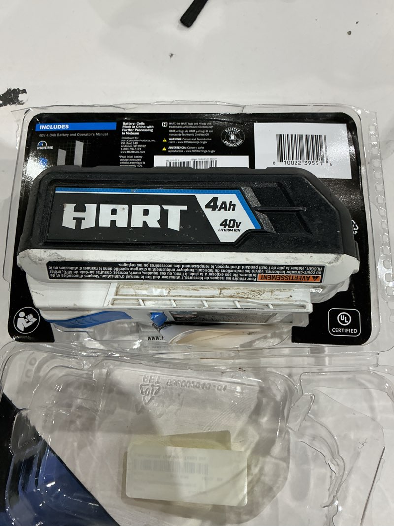 Condition photo showing As Is for hart 40 volts 4.0ah lithium-ion battery