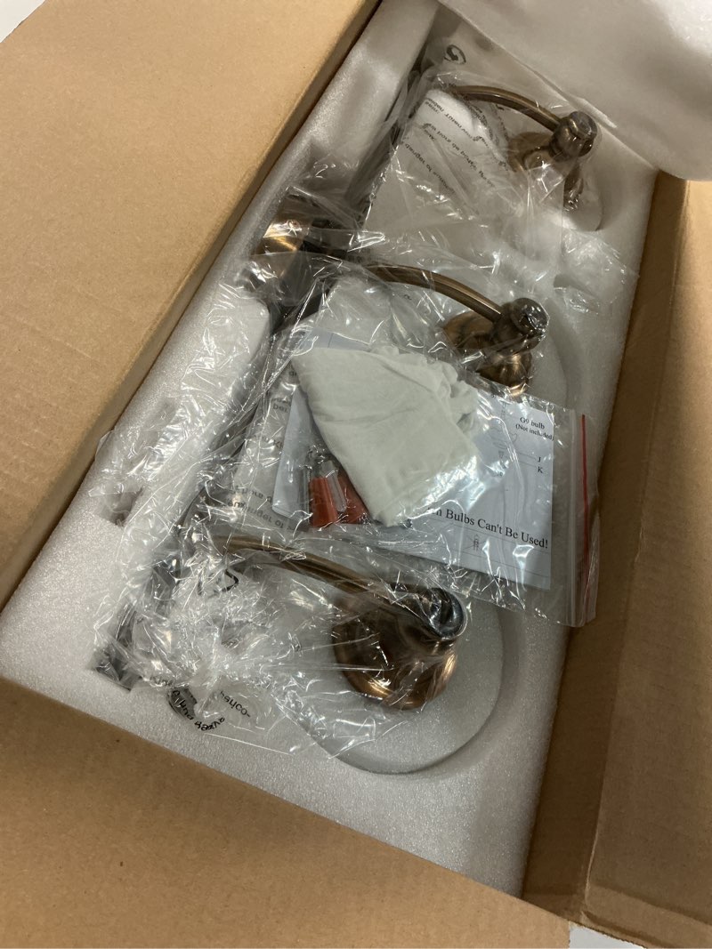 Condition photo showing Good Condition for brushed gold bathroom vanity light fixture vintage style - 3 light g9 bulb compatible, 23" wide bathroom lighting over mirror with hand-etched glass shades, easy mount for makeup area 3 light gold