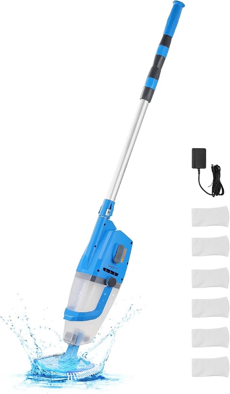 vevor pool vacuum, 26 gpm handheld cordless hot tub vacuum with extension pole, for deep cleaning & strong suction, rechargeable pool cleaner, running up to 1hour, for above ground/inground pool spas
