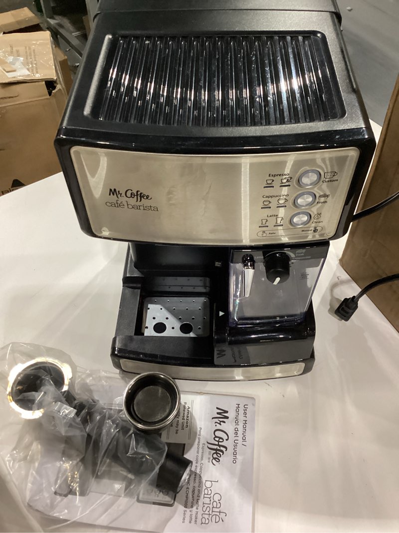 Condition photo showing As Is for *Not Tested* Mr. Coffee Espresso and Cappuccino Machine Stainless Steel Programmable Coffee Maker with Automatic Milk Frother 15-Bar Pump Ideal for Home Baristas