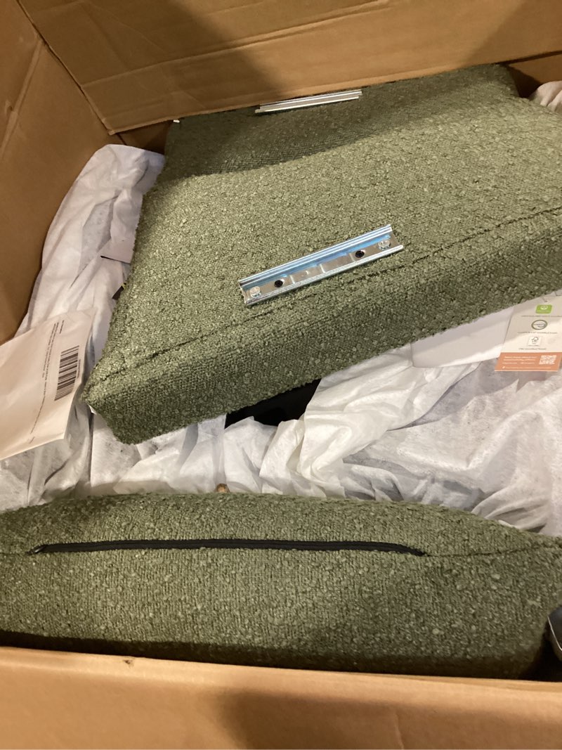 Condition photo showing As Is for Babyletto Kiwi Electric Power Glider Recliner Nursery Chair w/USB Ports - Water & Stain Resistant Glider Rocking Chair for Nursery - GREENGUARD Gold Certified - 270° Swivel Rocker Recliner - Olive Olive Boucle W/Light Wood Base INCOMPLETE 