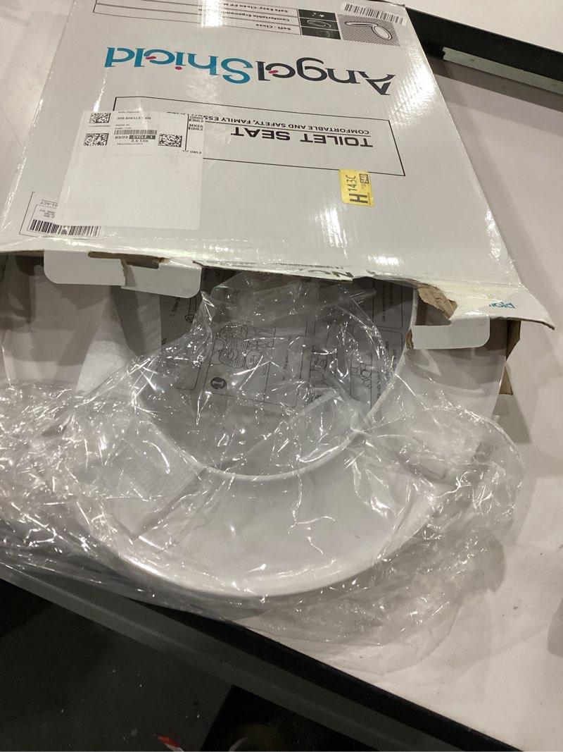 Condition photo showing As Is for angol shiold elongated toilet seat - slow close hinges, ergonomic design with grip-tight bumpers, safe easy-clean pp material (white, 18.5" elongated) elongated 18.5‘’ white