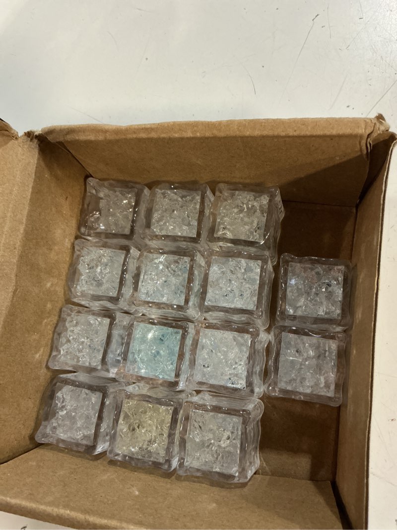 Condition photo showing As Is for light up ice cubes, 32 pack multi color led ice cubes for drinks ip67 waterproof reusable glowing flashing changing lights water activated drink lights for cocktails christmas party bar wedding