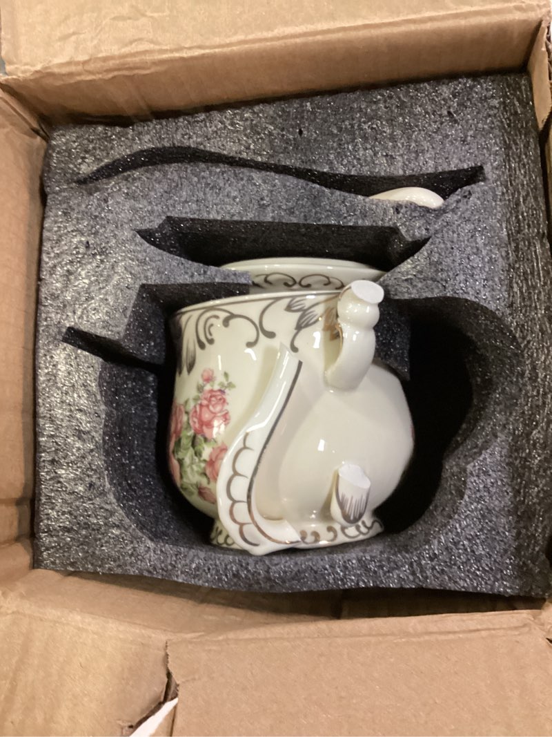 Condition photo showing As Is for yolife tea cup with lid, 12 oz pink rose tea cup | porcelain vintage tea cup with lid and spoon, teacup with gold leaves trim design, birthday gift for mom women