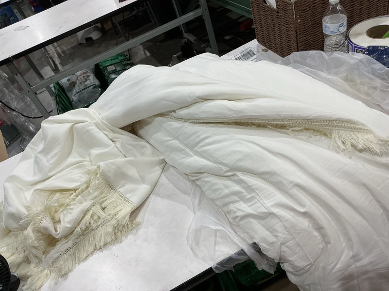 Condition photo showing Good Condition for andency king size comforter set beige, 3 pieces boho lightweight tassel fluffy bedding comforters & sets, soft all season bed set (104x90in comforter & 2 pillowcases) 02 - beige king (104"x90")
