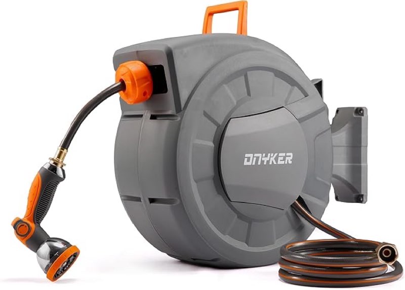 retractable garden hose reel, 1/2 inch x 65 ft water hose reel wall mounted, any length lock, slow auto-rewind, 180°swivel bracket & 10 pattern nozzle