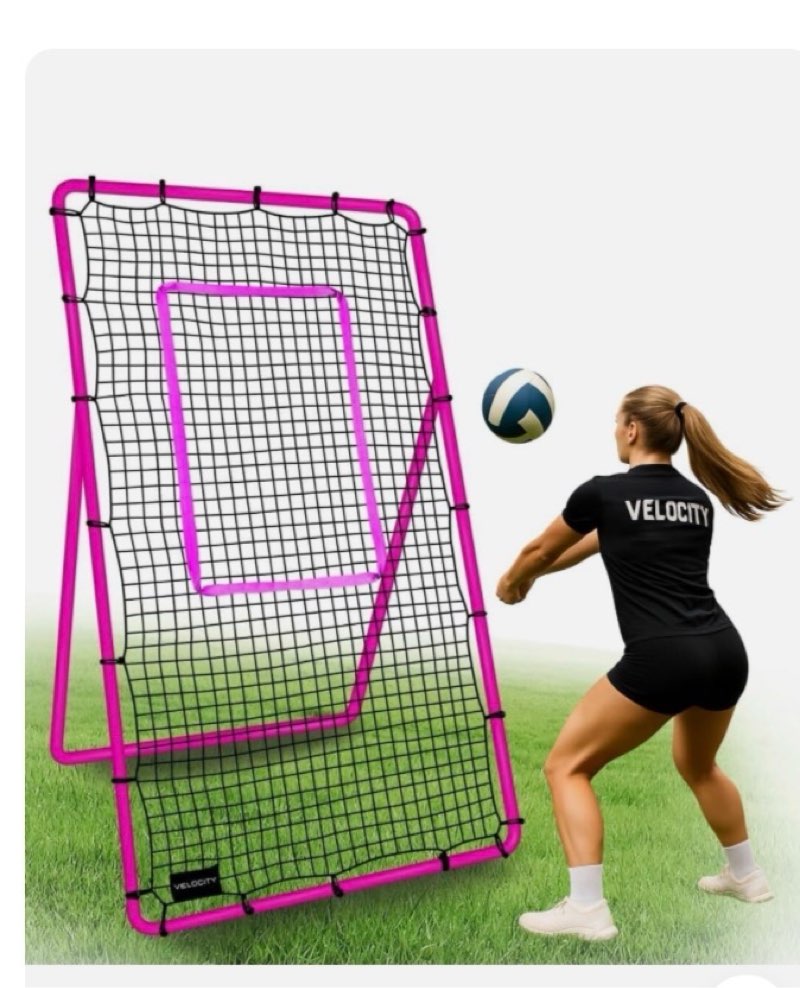 (Different color to stock photo) Adjustable Volleyball Rebounder Net 7x4 ft with PU Volleyball and Stakes - Bounce Back Training Equi