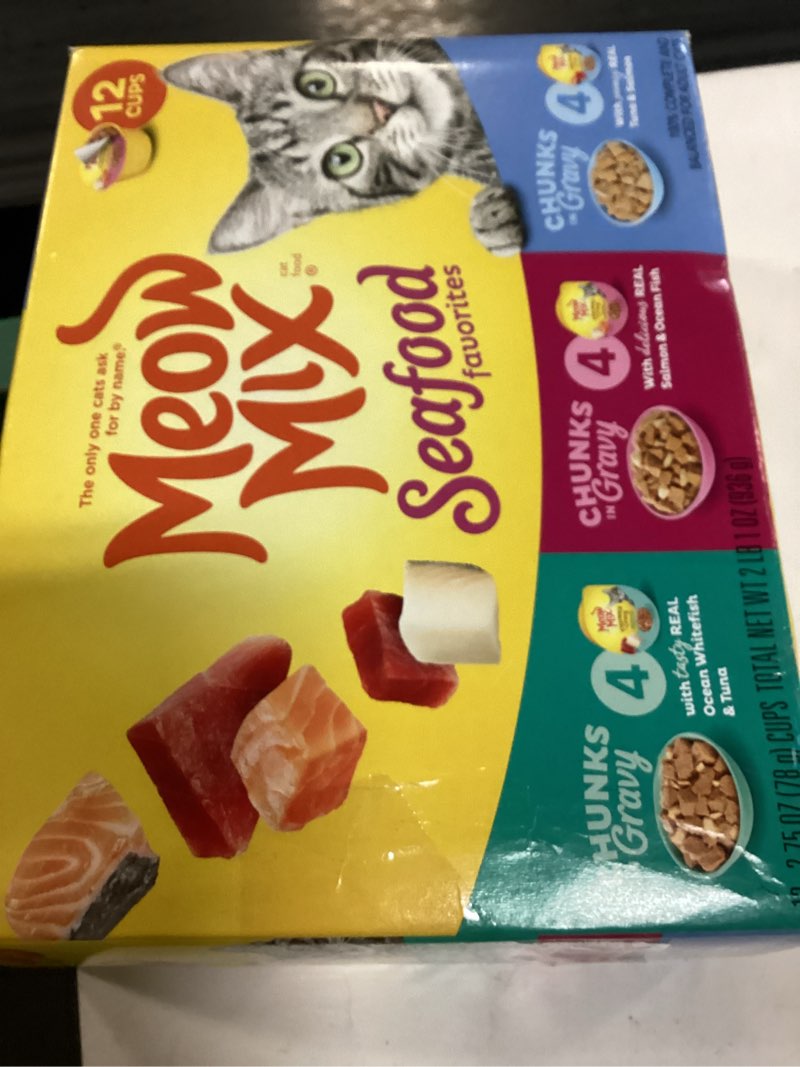Condition photo showing New/Like New for meow mix savory morsels seafood favorites variety pack, 2.75 oz can (12 pack)